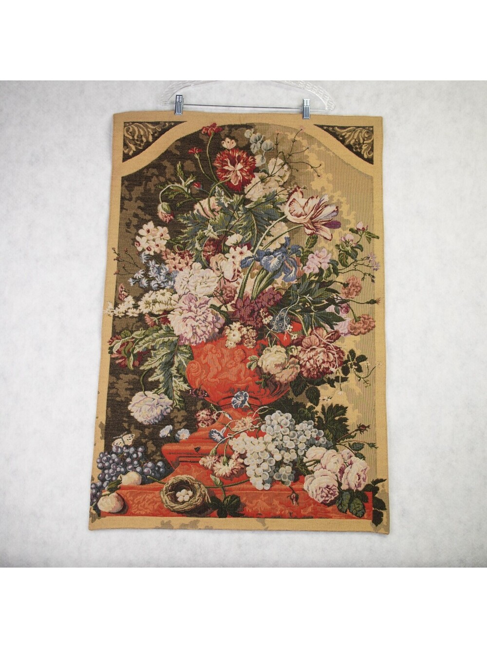 Vtg French Heavyweight Floral Home Décor Woven Tapestry Urn with Flowers 38x25.5